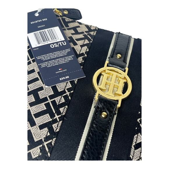NEW Tommy Hilfiger CROSSBODY HANDBAG Black Tan Jacquard Faux Leather Logo Purse - Picture 6 of 7